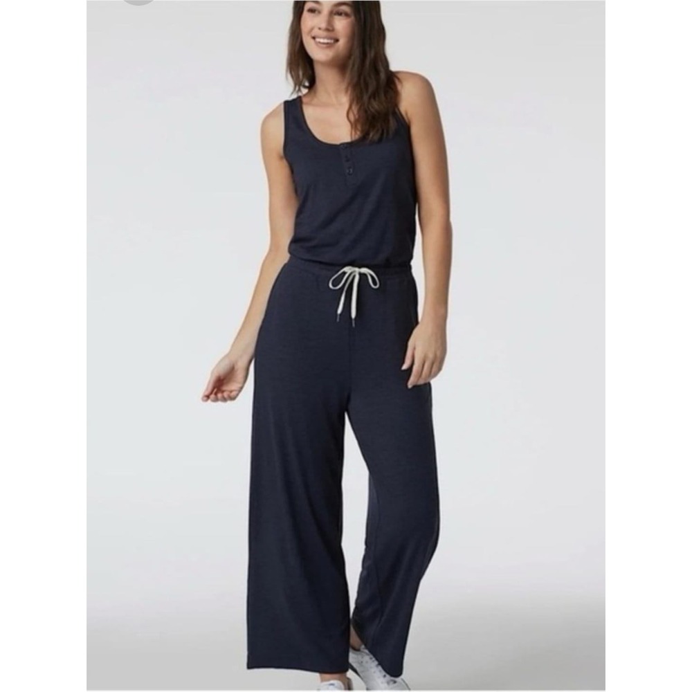 Vuori Lux Henley Jumpsuit Navy Blue Wide Leg Sleeveless Athleisure Pockets